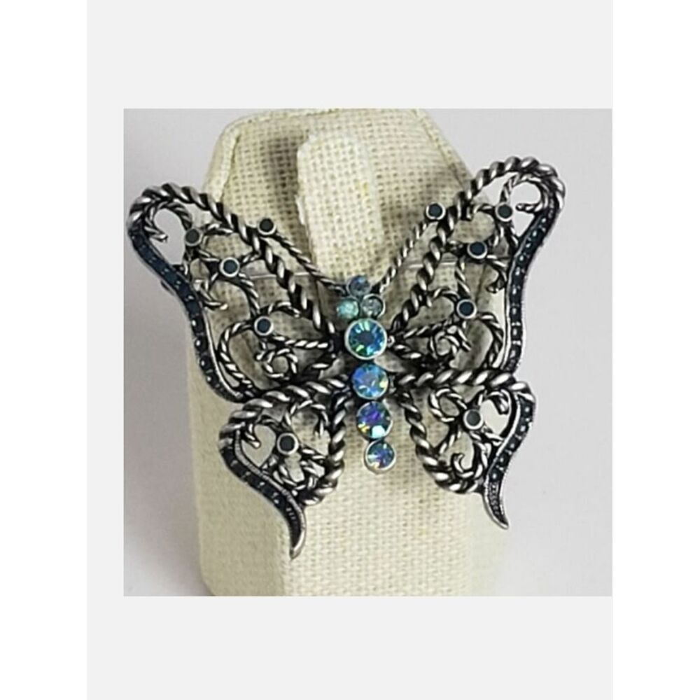 PEWTER FILIGREE  Butterfly Brooch Pin Aqua Aurora Borealis Crystals